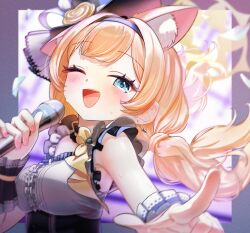 Rule 34 | 1girl, animal ears, black headband, black overskirt, blonde hair, blue archive, blue eyes, blurry, blush, choker, flower, flower hat, fluffy hair, frilled choker, frills, hairband, halo, hat, hat flower, headband, highres, holding, holding microphone, idol, idol clothes, jewelry, long hair, looking at viewer, mari (blue archive), mari (idol) (blue archive), microphone, mimi (tsuyuriani), mini hat, mini top hat, one eye closed, open mouth, rose, sleeveless, smile, solo, top hat, wrist cuffs, wrist wrap, yellow flower, yellow halo, yellow rose