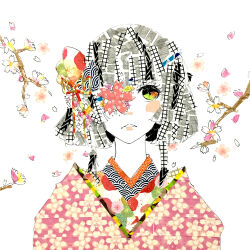 Rule 34 | 1girl, abstract, blunt bangs, blunt ends, blush, cathinthecloud, cherry blossoms, commentary, english commentary, flower, flower over eye, grey hair, hair ornament, hair ribbon, japanese clothes, looking at viewer, masking tape (medium), mixed media, original, parted lips, petals, portrait, red ribbon, ribbon, short hair, solo, straight-on, traditional media, unconventional media, white background, yellow eyes