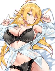 1girl ahoge arms_up bed_sheet black_bra black_panties blonde_hair bra breasts cleavage closed_mouth green_eyes head_on_pillow highres hoshii_miki idolmaster idolmaster_(classic) lace lace-trimmed_bra lace-trimmed_panties lace_trim large_breasts long_hair long_sleeves looking_at_viewer lying navel on_back on_bed one_eye_closed panties partially_unbuttoned pillow shirt smile solo steaming_body underwear white_shirt zenoo