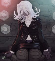 1girl black_gloves black_jacket black_skirt broken_syringe crying danganronpa_(series) danganronpa_3_(anime) eyelashes full_body gloves hair_over_one_eye holding holding_syringe jacket kimura_seiko kneeling long_sleeves looking_at_viewer mask mouth_mask poiaya shirt skirt solo syringe white_hair white_shirt