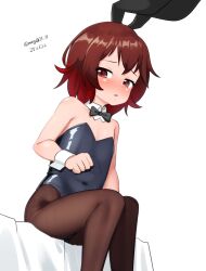 1girl absurdres alternate_costume animal_ear_hairband animal_ears bed black_bow black_bowtie black_leotard black_pantyhose blush bow bowtie brown_hair covered_navel detached_collar fake_animal_ears feet_out_of_frame flat_chest gradient_hair hairband highres kantai_collection leotard looking_at_viewer maru_(marg0613) multicolored_hair mutsuki_(kancolle) pantyhose playboy_bunny rabbit_ears red_eyes red_hair short_hair simple_background sitting solo strapless strapless_leotard white_background wrist_cuffs