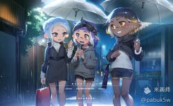3girls artist_name bag black_hair black_hairband black_jacket black_shorts black_shrug blonde_hair blue_hair blue_tongue blush closed_umbrella colored_tongue dark-skinned_female dark_skin dolphin_shorts earclip earrings eyebrow_cut fangs gradient_hair grey_eyes grey_hoodie grin hair_behind_ear hairband highres holding holding_bag holding_umbrella hood hood_down hooded_shrug hoodie inkling inkling_girl inkling_player_character jacket jewelry lamppost long_sleeves medium_hair mihuashi_logo multicolored_hair multiple_earrings multiple_girls nintendo octoling octoling_girl octoling_player_character open_mouth outdoors own_hands_together pabuk5w parted_bangs pointy_ears purple_hair purple_tongue rain ribbed_sweater shared_umbrella shopping_bag shorts shrug_(clothing) smile splatoon_(series) sweat sweater tentacle_hair turtleneck turtleneck_sweater umbrella watermark white_sweater yellow_eyes