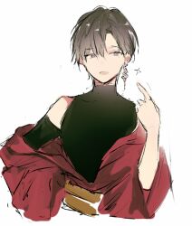 Rule 34 | 1girl, bare shoulders, black shirt, brown hair, cropped torso, earrings, grey eyes, hair between eyes, hand up, japanese clothes, jewelry, kimono, long sleeves, lpip, obi, off shoulder, original, parted bangs, pointing, pointing at self, red kimono, sash, shirt, short hair, simple background, sleeveless, sleeveless shirt, solo, upper body, white background, wide sleeves
