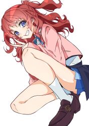 1girl absurdres black_overskirt blazer blue_eyes blue_ribbon blue_skirt brown_hair gakuen_idolmaster grin hanami_saki hatsuboshi_gakuen_school_uniform highres idolmaster jacket long_hair long_sleeves looking_at_viewer neck_ribbon pink_jacket ribbon school_uniform shirt simple_background skirt smile socks solo squatting two_side_up unanooo_(fthx7532) v white_background white_shirt white_socks