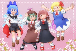 Rule 34 | 4girls, black shoes, black shorts, black skirt, black vest, blonde hair, blue bow, blue dress, blue eyes, blue hair, blush, bow, brown dress, brown hair, brown hat, brown shoes, cape, cirno, cirno (cosplay), commentary request, cosplay, costume switch, dress, fang, fangs, full body, green eyes, green hair, hair bow, hat, loafers, looking at viewer, mary janes, matty (zuwzi), multiple girls, mystia lorelei, mystia lorelei (cosplay), open mouth, outstretched arms, pink background, puffy short sleeves, puffy sleeves, red bow, red cape, red shoes, rumia, rumia (cosplay), shirt, shoes, short hair, short sleeves, shorts, skirt, skirt set, smile, socks, spread arms, team 9 (touhou), touhou, vest, white shirt, white socks, wriggle nightbug, wriggle nightbug (cosplay)