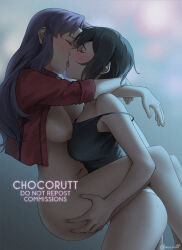 2girls artist_name ass black_hair breasts breasts_out chainsaw_man chocorut closed_eyes crossover english_text face-to-face female_focus female_orgasm grabbing_another&#039;s_ass highres himeno_(chainsaw_man) hug katsuragi_misato kiss long_hair medium_breasts multiple_girls neon_genesis_evangelion nipples nude orgasm purple_hair short_hair trait_connection wide_hips yuri
