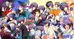 Rule 34 | 00s, 10s, 6+boys, 6+girls, book, brown eyes, brown hair, bunny headphones, cape, cardigan, cheerleader, closed eyes, competition swimsuit, computer, genderswap, genderswap (ftm), glasses, gothic lolita, grey hair, guitar, hat, headphones, highres, instrument, kurese (speedy rain), kyon, laptop, leotard, lolita fashion, multiple boys, multiple girls, multiple persona, nagato yuki, nagato yuuki, one-piece swimsuit, playboy bunny, school uniform, serafuku, short hair, suzumiya haruhi-chan no yuuutsu, suzumiya haruhi no shoushitsu, suzumiya haruhi no yuuutsu, swimsuit, violin, waitress, witch hat