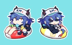 1girl arknights baseball_cap black_jacket blue_background blue_hair cameo ch&#039;en_(arknights) ch&#039;en_the_holungday_(arknights) chibi commentary dragon_girl dragon_horns dragon_tail folded_ponytail food food_in_mouth fruit hair_between_eyes hat heart holding holding_removed_eyewear hood hood_down hooded_jacket horns horns_through_headwear innertube jacket long_sleeves looking_at_viewer official_alternate_costume open_mouth outline popsicle popsicle_in_mouth red_eyes rubber_duck sidelocks simple_background stuffed_animal stuffed_toy sunglasses swim_ring symbol-only_commentary tail talulah_(arknights) unworn_eyewear vento watermelon white_headwear white_outline