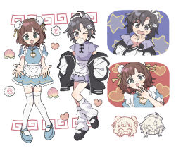 Rule 34 | &gt; o, 2girls, :d, amami haruka, antenna hair, apron, black eyes, black hair, black shoes, blue dress, blue shoes, blunt bangs, blush, breasts, chinese clothes, cleavage, cleavage cutout, clenched hands, clothes lift, clothing cutout, double bun, dress, flat chest, food, forehead, frilled apron, frills, fruit, green eyes, hair bun, hair ribbon, head only, heart, highres, idolmaster, idolmaster (classic), idolmaster million live!, idolmaster million live! theater days, jacket, jacket lift, kamaboko, kikuchi makoto, long sleeves, loose socks, mary janes, medium breasts, multiple girls, narutomaki, off shoulder, official alternate hairstyle, one eye closed, open hands, open mouth, parted bangs, peach, pleated skirt, pnt 0202, puffy short sleeves, puffy sleeves, purple dress, revision, ribbon, shoes, short hair, short sleeves, sidelocks, skirt, smile, socks, star (symbol), steamed bun, thighhighs, waist apron, wavy hair, white apron, white thighhighs, yellow ribbon, zettai ryouiki
