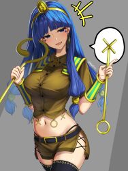 Rule 34 | 1girl, alternate costume, belt, black belt, black thighhighs, blue eyes, blue hair, blunt bangs, breasts, brown shirt, brown skirt, earrings, facial tattoo, gold hairband, hairband, highres, holding, holding polearm, holding weapon, jewelry, key earrings, large breasts, michigami nareko, mitama mudimudi, navel, polearm, puffy short sleeves, puffy sleeves, shirt, short sleeves, skirt, smile, solo, tattoo, thighhighs, touhou, twitter username, weapon