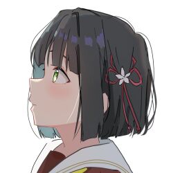 1girl black_hair blunt_bangs blunt_ends bob_cut brown_dress closed_mouth commentary_request dress expressionless flower flower_knot green_eyes hair_flower hair_ornament hasu_no_sora_school_uniform highres link!_like!_love_live! looking_ahead love_live! momose_ginko neckerchief portrait potu_sabu profile sailor_collar sailor_dress school_uniform short_hair simple_background solo virtual_youtuber white_background white_flower white_sailor_collar winter_uniform yellow_neckerchief