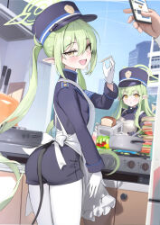 2girls apron armband ass blue_archive blush breasts cellphone demon_tail gloves green_hair halo hat highres hikari_(blue_archive) houraku kitchen long_hair long_sleeves looking_at_viewer looking_back multiple_girls nozomi_(blue_archive) open_mouth peaked_cap phone pointy_ears siblings sisters smile stove tail thighs twintails white_apron yellow_eyes