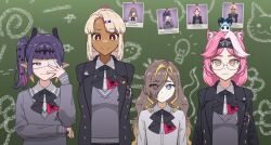 Rule 34 | animal ears, anya melfissa, black hairband, blazer, blonde hair, brown hair, chalk drawing, chalkboard, dark-skinned female, dark skin, eyepatch, glasses, hairband, hololive, hololive english, hololive indonesia, jacket, long hair, long sleeves, medical eyepatch, multicolored hair, multiple girls, neckerchief, ninomae ina&#039;nis, panther ears, photo (object), pink hair, purple eyes, raora panthera, sailor collar, school uniform, shirt, streaked hair, tsukumo sana, virtual youtuber, yeetrbium, yellow eyes
