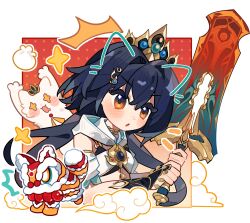 Rule 34 | 1girl, animalization, app filter, bare shoulders, bra, cat, chibi, chibi only, chinese clothes, chinese commentary, choker, detached collar, detached sleeves, diting (honkai: star rail), gradient background, grey hair, hair between eyes, hair ornament, hairclip, hands up, headpiece, highres, holding, holding sword, holding weapon, honkai: star rail, honkai (series), jewelry, leaning forward, light blush, long hair, looking at viewer, looking to the side, multicolored background, open mouth, orange background, orange eyes, pendant, person and animalization, pingguo387, procreate (medium), short sleeves, solo, sword, twintails, underwear, weapon, yunli (honkai: star rail)