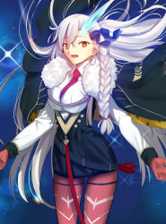 Rule 34 | 1girl, blue ribbon, braid, brown eyes, commentary request, fate/grand order, fate (series), fur trim, gloves, grey hair, hair ribbon, highres, iro (sekaixiro), long hair, looking at viewer, necktie, olga marie animusphere, olga marie animusphere (unbeast), open mouth, orange gloves, orange pantyhose, pantyhose, red necktie, ribbon, smile, solo