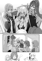 6+girls absurdres ahoge artoria_caster_(fate) artoria_caster_(second_ascension)_(fate) artoria_pendragon_(fate) baobhan_sith_(fate) baobhan_sith_(swimsuit_pretender)_(fate) baobhan_sith_(swimsuit_pretender)_(second_ascension)_(fate) blush bow braid buttons capelet checkered_clothes checkered_dress choker cnoc_na_riabh_(fate) double-breasted dress ear_piercing fate/grand_order fate_(series) fujimaru_ritsuka_(female) fujimaru_ritsuka_(female)_(summer_street) glasses gloves grey_eyes greyscale habetrot_(fate) hair_bow hair_ornament hair_over_one_eye hair_scrunchie half_up_braid highres jacket jewelry long_hair looking_at_mirror mash_kyrielight mash_kyrielight_(senpai_killer_outfit) medb_(fate) mirror monochrome morgan_le_fay_(fate) multiple_girls official_alternate_costume pantyhose piercing plaid_clothes plaid_dress pointy_ears ponytail round_eyewear scrunchie shirt short_hair sidelocks skirt smile twintails waira window