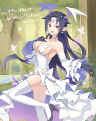 1girl bare_shoulders black_footwear black_hair breasts choker cleavage collarbone cowboy_shot detached_sleeves disgaea dress earrings head_wings heart heart_earrings high_heels highres jewelry large_breasts long_hair makai_senki_disgaea_6 melodia_(disgaea) open_mouth pointy_ears red_eyes smile solo thighhighs white_dress white_neckwear white_sleeves wings