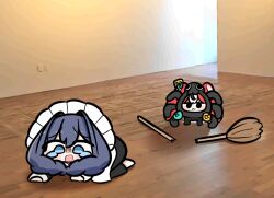 2girls animal_ears blue_eyes blue_hair broom bug chibi dress hair_intakes hakos_baelz hololive hololive_english indoors long_hair long_sleeves maid mouse_ears mouse_girl mouse_tail multicolored_hair multiple_girls official_alternate_costume official_alternate_hairstyle open_mouth ouro_kronii ouro_kronii_(maid) red_hair spider spider_baelz spider_costume tail tensutensu virtual_youtuber white_hair