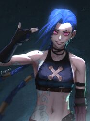 1girl arcane:_league_of_legends arcane_jinx arm_tattoo asymmetrical_bangs bare_shoulders blue_hair braid breasts cloud_tattoo collarbone crop_top finger_gun fingerless_gloves gloves grin highres jinx_(league_of_legends) league_of_legends long_hair looking_at_viewer manyuuu medium_breasts pink_eyes smile solo tattoo teeth twin_braids