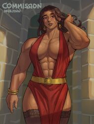 Rule 34 | 1girl, abs, artist name, black thighhighs, bracelet, breasts, brown hair, dress, earrings, english text, final fantasy, final fantasy xiv, gold belt, gold bracelet, highres, jewelry, lace, lace-trimmed thighhighs, lace trim, large breasts, long hair, m4rjinn, muscular, muscular female, pelvic curtain, red eyes, rose (havexiv), see-through clothes, see-through thighhighs, side slit, sleeveless, sleeveless dress, solo, solo focus, thighhighs