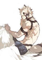 1boy abs animal_ears bicep_strap chest_harness closed_eyes colored_tips commentary english_commentary eyepatch furry furry_male grey_male_underwear harness haru41113 highres looking_at_viewer male_focus male_underwear multicolored_hair muscular muscular_male pectorals red_eyes smile tail tail_belt topless_male underwear von_lycaon white_background wolf_boy wolf_ears wolf_tail zenless_zone_zero