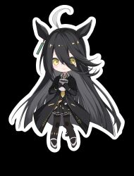1girl ahoge animal_ears belt black_background black_belt black_coat black_hair black_pantyhose black_shirt black_skirt blush closed_mouth coat coffee coffee_mug collared_shirt cup ear_tag earrings hair_between_eyes highres holding holding_cup horse_ears horse_girl horse_tail jewelry long_bangs long_hair long_hair_between_eyes manhattan_cafe_(umamusume) mug multicolored_hair necktie ninaki999 open_clothes open_coat pantyhose pleated_skirt shirt shoes simple_background single_earring skirt smile solo tail thighhighs umamusume very_long_hair white_hair white_shoes yellow_eyes yellow_necktie