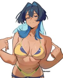 1girl absurdres bikini black_hair blue_eyes blue_hair brazilian_flag_bikini breasts closed_mouth colored_inner_hair flag_print flag_print_bikini highres hololive hololive_english large_breasts multicolored_hair navel ouro_kronii pointing pointing_at_self pomuya print_bikini simple_background solo swimsuit tan tanline twitter_username virtual_youtuber white_background