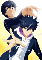 2boys a_certain_high_school_uniform alternate_eye_color alternate_hair_color black_hair black_jacket blue_eyes commentary crack cracked_glass hair_between_eyes highres hood hood_down hoodie imagine_breaker jack-barro jacket kamijou_touma kamisato_kakeru long_sleeves looking_at_viewer multiple_boys open_clothes open_jacket outstretched_arm parted_lips reaching reaching_towards_viewer school_uniform short_hair spiked_hair toaru_majutsu_no_index toaru_majutsu_no_index:_new_testament upper_body white_hoodie winter_uniform yellow_background