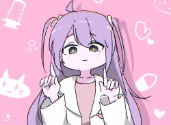 1girl ahoge baksangmin blush_stickers bright_pupils bubble cat closed_mouth collarbone grey_eyes heart index_finger_raised jaggy_lines lab_coat long_hair looking_at_viewer nemuri-chan official_style okusuri_nonde_neyou_(vocaloid) patterned_background pill pink_background pink_shirt purple_hair shirt smile solo syringe two_side_up upper_body vocaloid white_pupils wide_sleeves