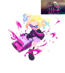 1girl black_jacket black_shoes blue_eyes bucket closed_mouth dread_wringer_(splatoon) highres holding holding_bucket incoming_attack inkling jacket l9525 link!_like!_love_live! long_sleeves looking_at_viewer love_live! miniskirt nintendo osawa_rurino osawa_rurino_(summer_casual) reference_inset shoes simple_background skirt smile solo splatoon_(series) splatoon_3 splatoonification split_mouth virtual_youtuber white_background white_skirt