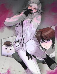 2boys aotsuki_eito beret black_boots black_gloves black_hair blood blood_splatter blue_eyes blush boots brain full_body glasses gloves hat heart highres long_sleeves lying male_focus multicolored_eyes multicolored_hair multiple_boys nigou_(hundred_line) open_mouth parted_hair pink_blood red_eyes red_hair sumino_takumi the_hundred_line_-last_defense_academy- tongue white_hair