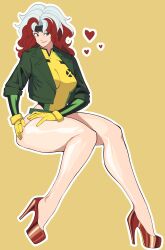 1girl bare_legs belt breasts brown_hair colored_bangs gloves green_eyes headband high_heels highres jacket large_breasts leotard long_hair looking_at_viewer marvel marvel_rivals multicolored_clothes multicolored_hair octavius_(octavius_dp) rogue_(x-men) smile solo superhero_costume two-tone_hair white_hair x-men yellow_gloves