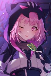 1girl ;) black_gloves black_shirt blunt_bangs blush candy closed_mouth commentary_request covered_collarbone earrings fingerless_gloves food gloves highres holding holding_candy holding_food holding_lollipop hood hood_up hoodie jewelry kheng_(k_heng1223) lollipop long_sleeves looking_at_viewer one_eye_closed ootori_emu pink_eyes pink_hair project_sekai shirt short_hair smile solo swirl_lollipop tongue tongue_out upper_body v-shaped_eyebrows white_hoodie zipper