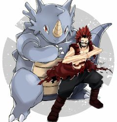 10s 1boy bad_id bad_pixiv_id boku_no_hero_academia boots brown_footwear clenched_hands crossover dandel gen_1_pokemon horns kirishima_eijirou looking_at_viewer nintendo own_hands_together poke_ball_symbol pokemon pokemon_(creature) red_eyes red_hair rhydon sharp_teeth single_horn spiked_hair teeth