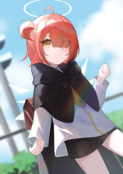 1girl absurdres aged_down ahoge arknights black_cape black_skirt blurry blurry_background blush cape chinese_commentary closed_mouth commentary_request cowboy_shot day exusiai_(arknights) eyes_visible_through_hair gora_mclaren hair_over_one_eye halo highres hood hood_down hooded_cape lens_flare long_sleeves miniskirt one_side_up orange_hair outdoors shirt short_hair skirt smile solo standing sunlight traditional_halo white_halo white_shirt yellow_eyes