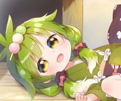 Rule 34 | 1girl, :d, antenna hair, black hairband, black scrunchie, bow, clenched hand, commentary request, dango, food, food on head, green hair, green kimono, hair bow, hair flaps, hair ornament, hair scrunchie, hairband, hand on own stomach, highres, indoors, japanese clothes, kimono, knee up, long sleeves, looking at viewer, low twintails, lying, medium hair, multicolored hair, nipeira, obi, object on head, on back, open mouth, original, raised eyebrows, red bow, sanshoku dango, sash, scrunchie, smile, solo, swept bangs, tareme, thick eyebrows, twintails, two-tone hair, wagashi, white hair, wide sleeves, yellow eyes