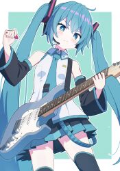 1girl black_skirt black_sleeves black_thighhighs blue_eyes blue_hair blue_necktie blush border closed_mouth collared_shirt commentary_request detached_sleeves electric_guitar fender_stratocaster green_background guitar hatsune_miku headphones headset highres holding holding_instrument instrument kaie long_hair long_sleeves necktie outline pleated_skirt plectrum shirt skirt solo standing thighhighs twintails very_long_hair vocaloid white_border white_outline white_shirt wide_sleeves
