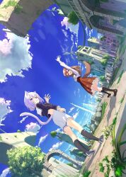 2girls :d animal_collar animal_ear_fluff animal_ears black_socks bone_hair_ornament brown_eyes brown_hair brown_shoes cat_ears cat_girl cat_tail collar dog_ears dog_girl dog_tail hair_ornament highres hololive inugami_korone long_hair looking_at_viewer multiple_girls nekomata_okayu nokisaki_nibosi open_mouth outdoors purple_eyes purple_hair ruins shirt shoes short_hair shorts skirt smile socks tail tree virtual_youtuber waving white_shirt white_shorts