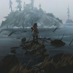 1girl black_hair black_shorts branch building coat commentary english_commentary from_behind girl_chasing_giants_(yun_ling) grass grey_coat highres hood hood_down hooded_coat lake long_sleeves on_rock original outdoors rock scenery short_hair shorts solo standing tree yun_ling