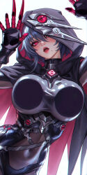 1girl black_bodysuit black_cape black_hood blush bodysuit breast_press breasts cape chinese_commentary chromatic_aberration clawed_gauntlets commentary_request covered_navel grey_hair hair_between_eyes highres honkai_(series) honkai_impact_3rd large_breasts looking_at_viewer mole mole_under_eye one_eye_covered open_mouth pink_eyes raven_(honkai_impact) short_hair solo wo_jiushi_kanbudong