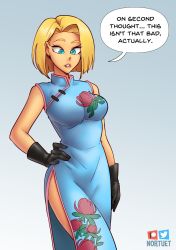 1girl android_18 bare_shoulders blonde_hair blue_eyes breasts china_dress chinese_clothes cleavage dragon_ball dragonball_z dress earrings english_text highres jewelry large_breasts looking_at_viewer medium_breasts nortuet pelvic_curtain short_hair side_slit simple_background solo