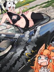 animal_ears bad_tag bandaged_arm bandages black_hair black_shorts blaire_rune blairevt blue_eyes body_markings breasts buffpup_(vtuber) car chibi cleavage cleavage_cutout clothing_cutout confused demon_horns demon_tail denim denim_shorts duct_tape horns indie_virtual_youtuber lying meme motor_vehicle on_side orange_hair red_eyes short_hair shorts sideboob skindentation sweatdrop tail thick_thighs thighhighs thighs thumbs_up virtual_youtuber white_hair zettai_ryouiki