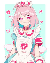 1girl ahoge apron aqua_background aqua_dress aqua_hair armband blush choker closed_mouth collarbone commentary_request dress earrings fake_wings frilled_apron frilled_wrist_cuffs frills hair_intakes heart heart_print highres idolmaster idolmaster_cinderella_girls idolmaster_cinderella_girls_starlight_stage jewelry looking_at_viewer low_wings multicolored_hair na09tu pill_earrings pink_armband pink_choker pink_eyes pink_hair pocket short_hair short_sleeves smile solo two-tone_hair white_apron white_wings white_wrist_cuffs wings wrist_cuffs yumemi_riamu