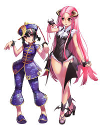 2girls alternate_hairstyle black_footwear black_hair black_leotard blush bracelet breasts brown_eyes chinese_clothes demon_horns demon_wings full_body hair_between_eyes halloween_costume hat head_tilt high_heels horns jewelry jiangshi kamdia kooh leotard long_hair low_twintails lucia_(pangya) medium_breasts multiple_girls pangya pants parted_lips pink_hair purple_footwear purple_hat purple_pants purple_shirt qingdai_guanmao red_eyes ring shirt shoes short_twintails simple_background spiked_bracelet spikes standing thigh_gap twintails very_long_hair white_background wings wrist_cuffs