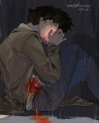 Rule 34 | 1boy, black hair, blood, blue pants, brown jacket, cigarette, cowboy bebop, crossed legs, gunshot wound, highres, injury, jacket, lighting cigarette, long sleeves, male focus, octahooves, pants, rain, short hair, signature, smoking, spike spiegel