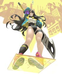 1girl absurdres arowana2111 belt black_hair black_leotard black_socks blue_jacket blush breasts building city closed_mouth commentary contrapposto demon_horns english_commentary floating_hair from_below full_body gluteal_fold highres horns huge_weapon jacket large_breasts leotard long_sleeves looking_at_viewer looking_down multicolored_leotard open_clothes open_jacket original pink_shoes red_eyes shoes single_horn single_sock smile socks solo standing sword thigh_belt thigh_strap thighs two-tone_leotard weapon white_leotard