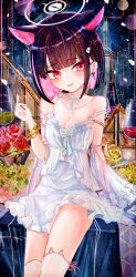 1girl absurdres aiu_. alternate_costume animal_ears black_hair blue_archive cat_ears colored_inner_hair cup drinking_glass extra_ears halo highres kazusa_(blue_archive) multicolored_hair pink_hair short_hair solo wine_glass