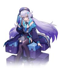 1girl belt beret black_thighhighs blue-framed_eyewear blue_eyes blue_hair blue_necktie breasts cube garter_straps glasses gradient_hair grey_skirt hair_ornament hat holding jacket long_hair long_sleeves looking_at_viewer low_twintails multicolored_hair necktie off_shoulder official_art parted_lips purple_hair semi-rimless_eyewear sharp_(starward) sitting skirt solo starward thighhighs transparent_background twintails under-rim_eyewear very_long_hair virtual_youtuber