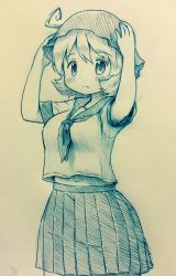 1girl adjusting_clothes adjusting_headwear aki_minoriko arinu ascot blush commentary_request cowboy_shot female_focus greyscale hat highres looking_at_viewer mob_cap monochrome pleated_skirt sailor_collar school_uniform serafuku short_hair short_sleeves simple_background skirt solo touhou