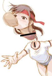 1girl balloon borusen brown_hair buruma dickneck disembodied_head embarrassed gym_uniform headband mito_kumi solo what